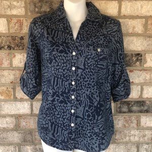 Karen Scott Button Down Blouse Denim Animal Print